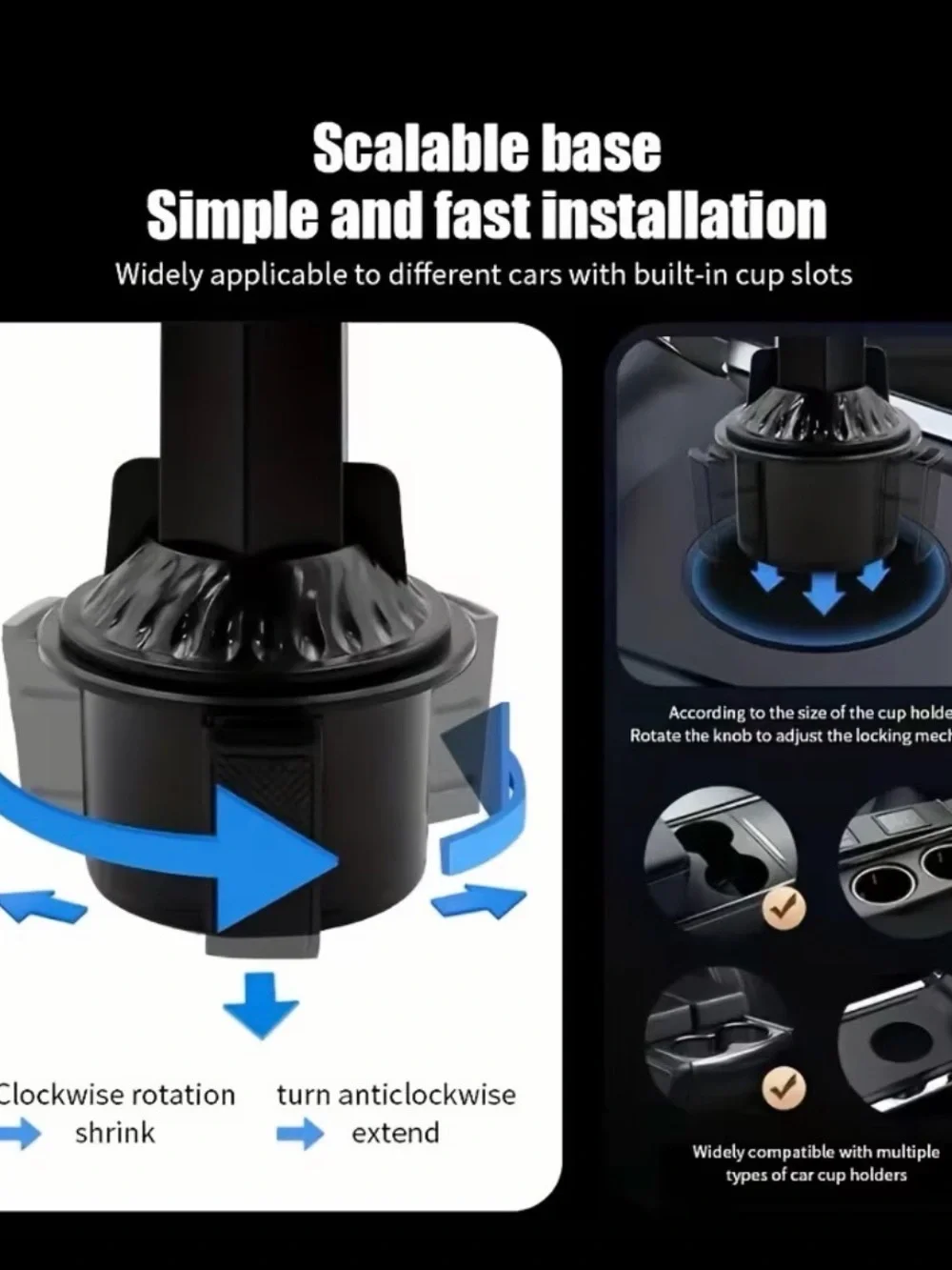 Black Car Cup Holder Phone Mount with Small Tray